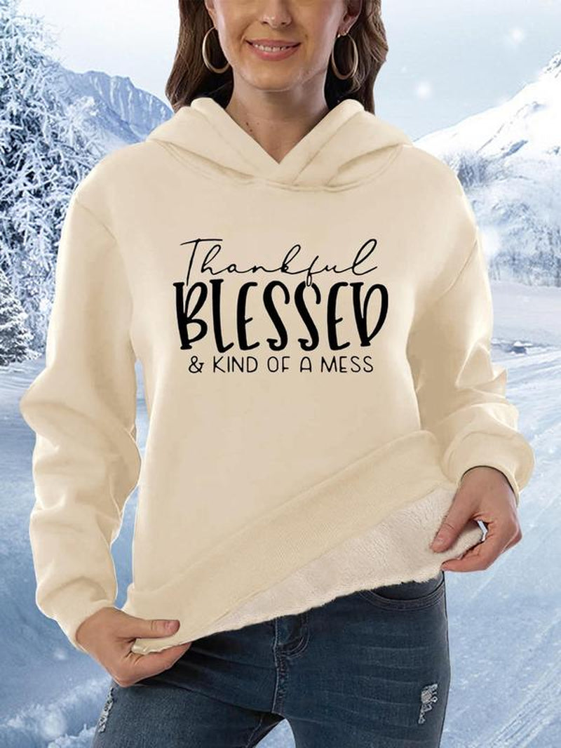 Women'S Letter Print Drop Shoulder Hoodie, Fashion Casual Hoodies Sweatshirts for Daily Holiday Outdoor Wear, Women Clothing for Winter
